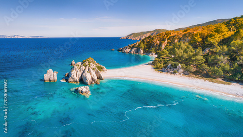 Turquoise water and white beach of Albanian Riviera, Mediterranean summer travel concept