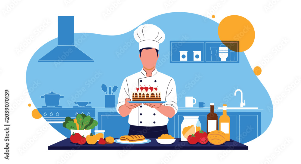 Naklejka premium Professional chef in a white uniform and hat holding a delicious cherry chocolate cake in a kitchen with fresh food.