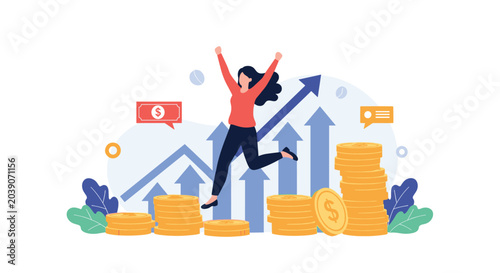 Successful woman jumping high in the air with joy over rising bar graphs and stacks of gold coins representing financial growth and wealth.