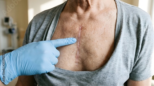 Macro Close Up of Heart Bypass Surgery Chest Scar with Pointing Finger for Cardiac Rehabilitation Concept