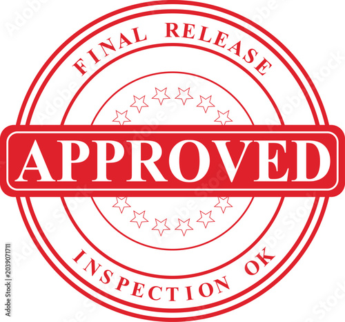 Fotografie Official seal of approval stamp, a red circular stamp with the word 'APPROVED' i