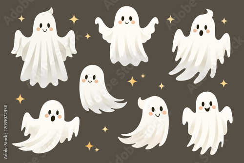 Cute ghost characters set in different poses. Adorable Halloween cartoon illustration in soft gradient style.