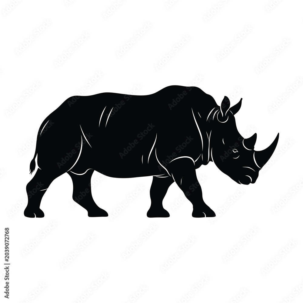 Fototapeta premium A black silhouette of a rhinoceros walking against a white background.