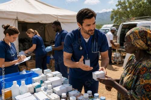 Medical team providing humanitarian aid in a relief camp