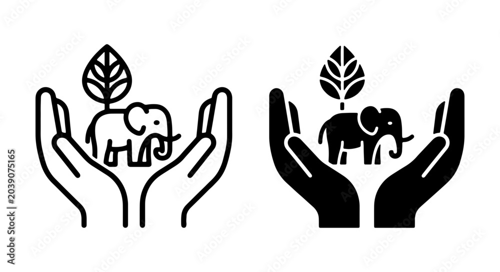 Fototapeta premium Elephant and Leaf Protected by Hands, Conservation Symbol, Animal Care Icons