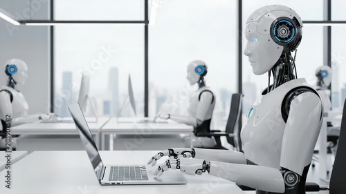 White humanoid robots working on laptops in a modern office