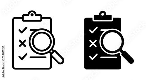 Clipboard Checklist Magnifying Glass Icons, Research and Analysis Symbols, Vector Graphics