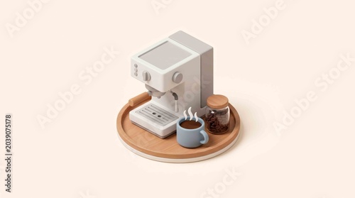 Modern espresso machine with a coffee cup and coffee beans on a wooden tray, 3D
