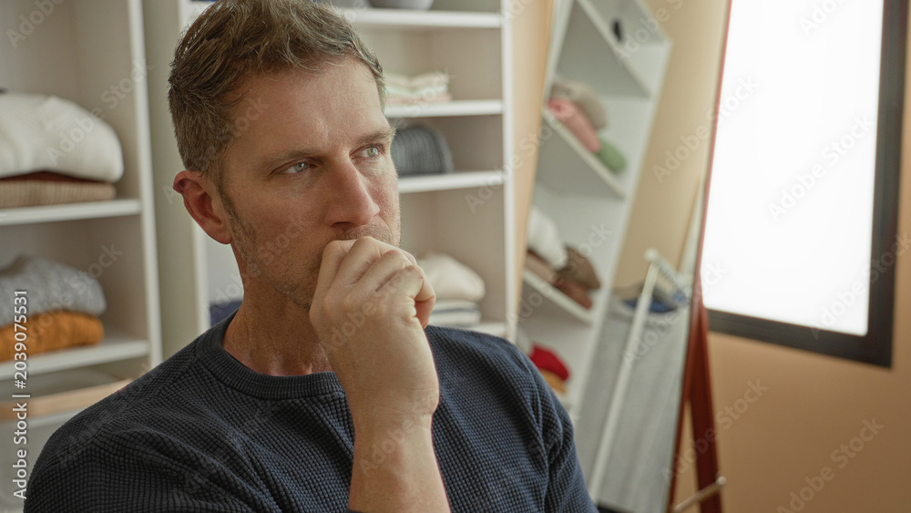 Fototapeta premium Man hand to chin pensive in studio closet next to mirror and shelving with folded sweaters and knit navy jumper; contemplation solitude.