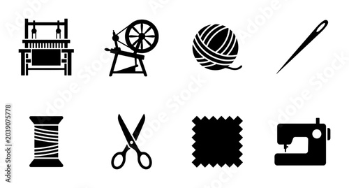 Fotografía Textile Craft Icons: Loom, Spinning Wheel, Yarn, Needle, Thread, Scissors, Fabri