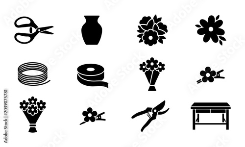 Floral Arrangement Icons: Florist Tools, Flowers, and Vase Vector Set for Crafting and Design
