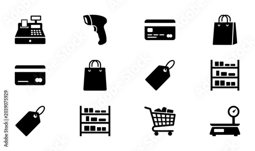 Retail Icons Set: Cash Register, Scanner, Credit Cards, Shopping Bags, Tags, Shelves, Cart, Scale