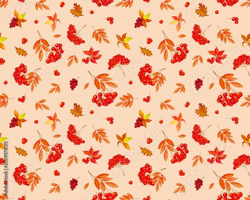 Autumn seamless pattern with set  watercolor rowan berries and leaves