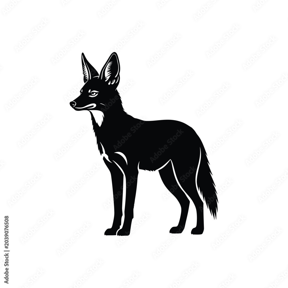 Fototapeta premium A black silhouette of a wild dog stands alert on a white background.