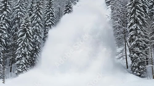 Snow avalanche in a pine forest