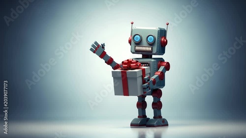 Vintage style robot holding a gift box