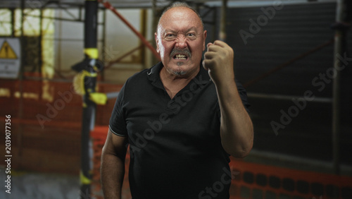 Tableau sur toile Man clenches fist and snarls, raised bare hand visible amid scaffolding in a building construction area; anger defiance