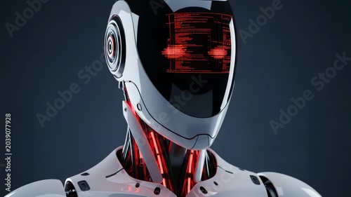Closeup portrait of a futuristic android with red digital code