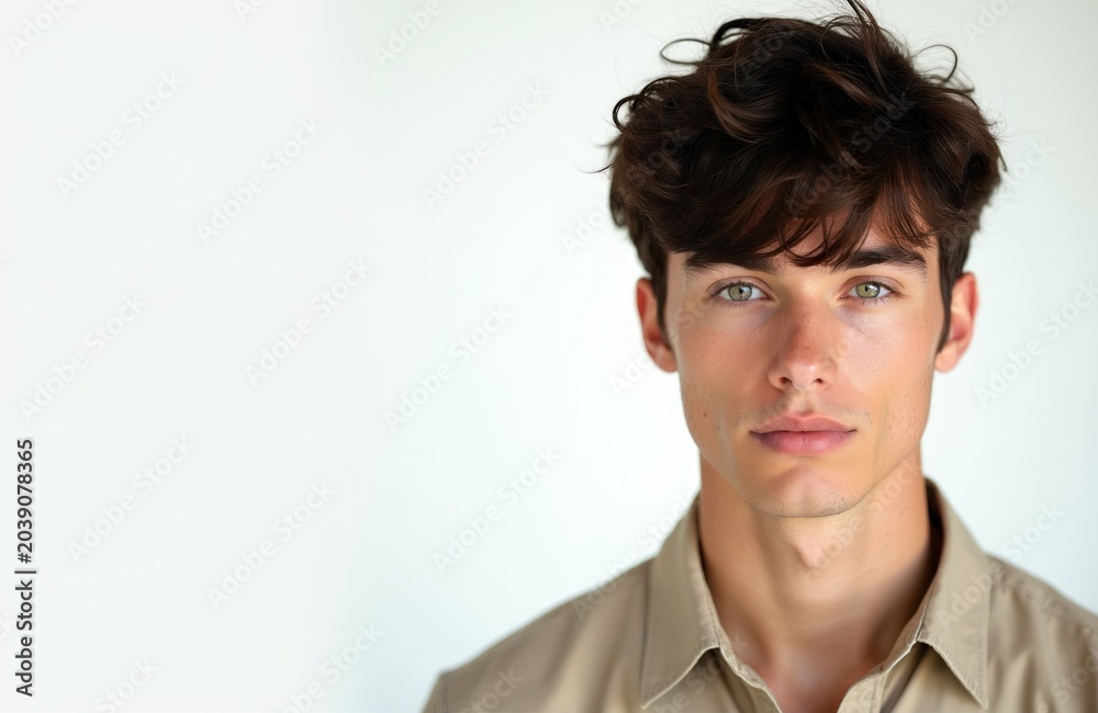 Fototapeta premium Young man with curly hair and green eyes. Male model posing against a clean white background. He wears a light brown collared shirt, looking directly at camera.