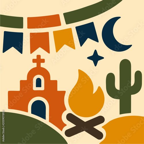 Foto Festival Junino Minimalista Noturno com Fogueira Igreja e Cacto em Vetor Flat