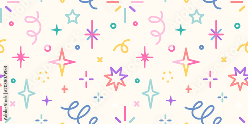 Colorful seamless party pattern with stars, confetti and festive doodles on light background. Fun celebration design perfect for birthday decorations, wrapping paper and textiles