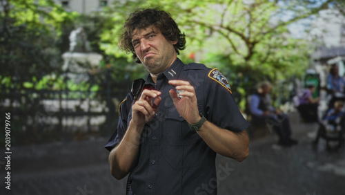 Slika na platnu Hispanic man police officer grimacing, hands raised and recoiling near fountain with badge and radio visible on street; discomfort