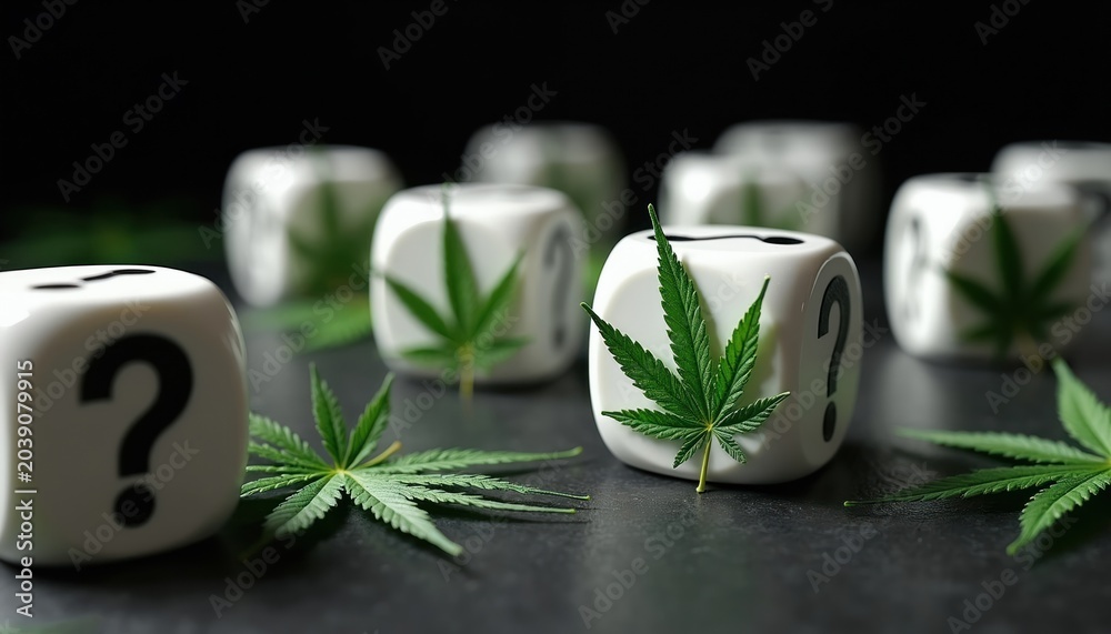 Obraz premium White cubes with cannabis leaves, question marks arranged on dark surface. Symbolizes decision making about marijuana use. Represents uncertainty, choice regarding its legality or medical application.
