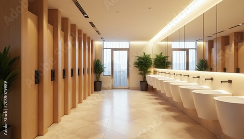 Modern men restroom with wooden stalls, white urinals, and green plants. Bright clean interior, minimalist design. Space for privacy and convenience.