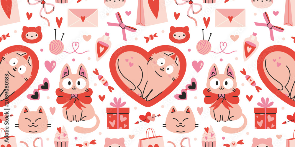 Naklejka premium Cute seamless Valentine pattern with cats, hearts, gifts and romantic elements on light background. Kawaii love texture for holiday wrapping paper, fabric and cards. Modern vector illustration