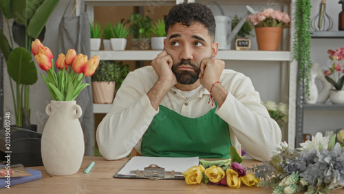 Canvas-taulu Man florist, young latin hispanic, rests chin on fists beside orange tulips, ceramic vase and clipboard in studio; tiredness monotony