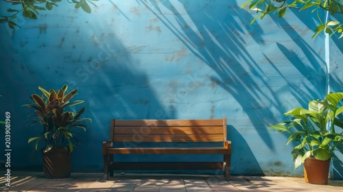 Wooden bench with potted plants against a blue wall with sunlight and shadows.
