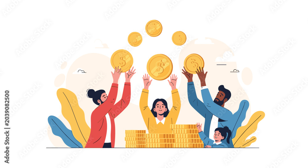 Fototapeta premium Group of diverse people and a child reaching up to catch large falling gold coins above several high stacks of money.