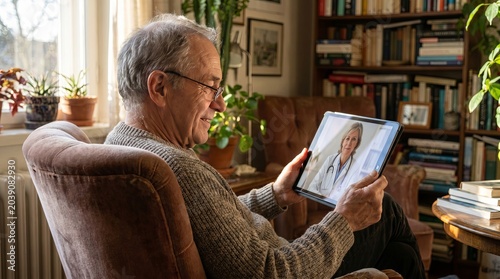 Senior man holding tablet video call, smiling at nurse on screen while seated in cozy living room