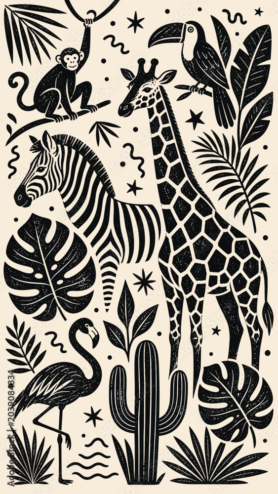 Obraz premium Whimsical jungle animals and tropical plants in a playful linocut style