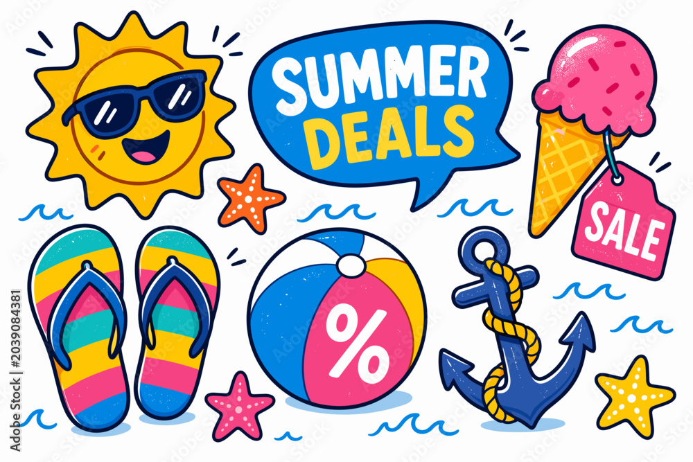 Obraz premium Summer deals and vacation sale items with fun beach elements and ice cream