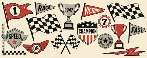 Vintage racing elements collection with flags, trophies, and shields