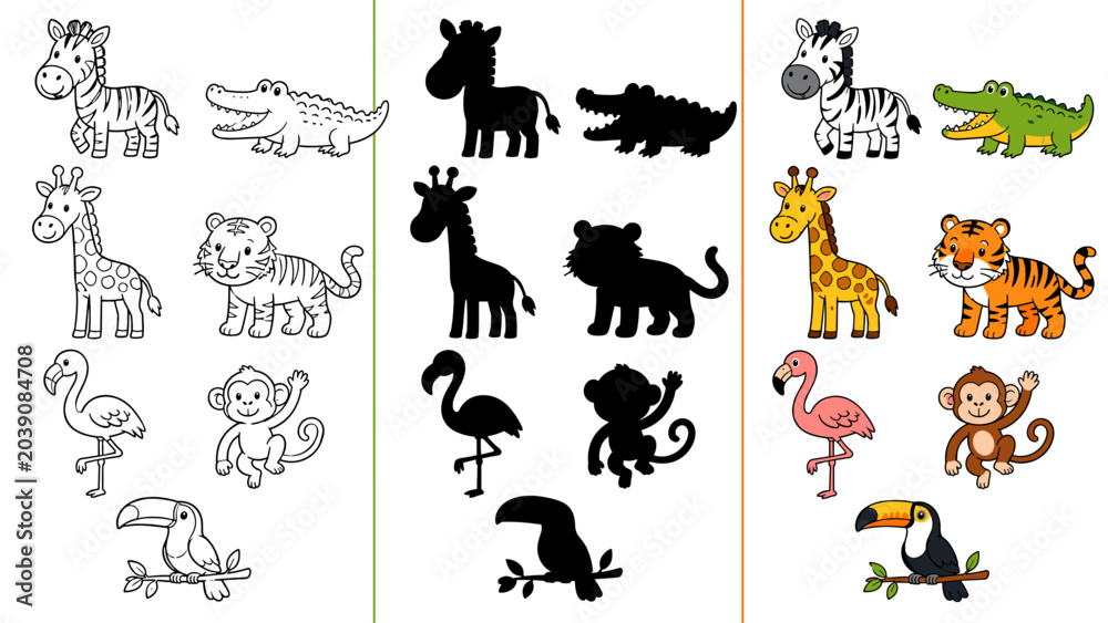 Obraz premium Collection of cartoon jungle animals and their silhouettes for learning