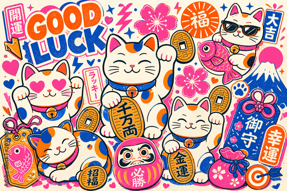 Fototapeta premium Japanese lucky charms and maneki neko cats create a vibrant good luck illustration