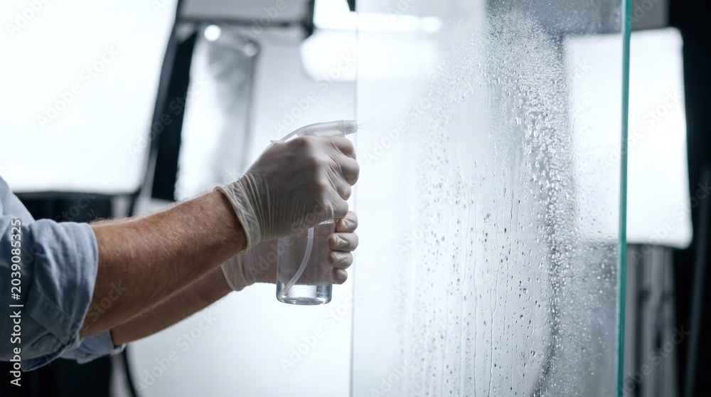 Fototapeta premium Person wearing gloves spraying liquid glass cleaner from a clear plastic bottle onto a large pane of frosted glass