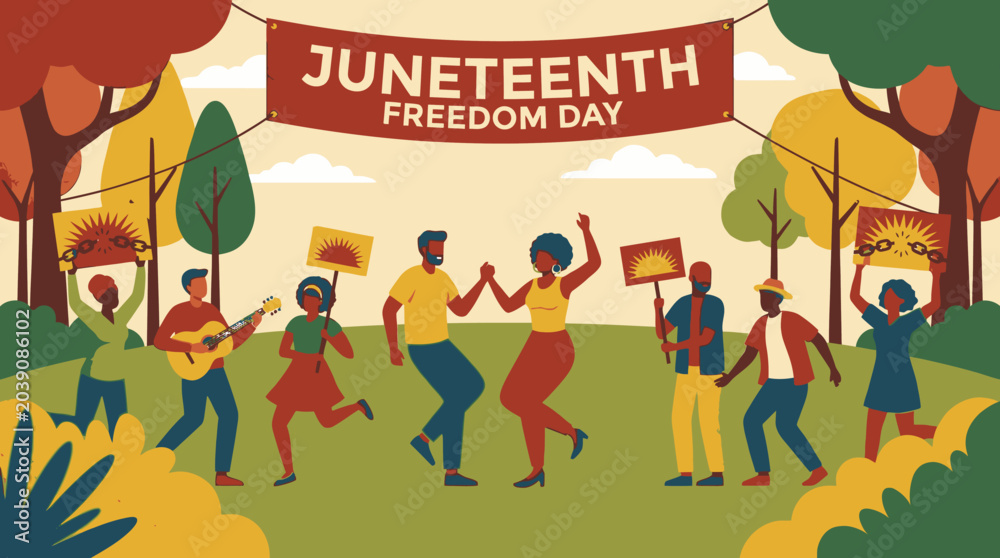 Fototapeta premium Joyful community celebrating Juneteenth Freedom Day with music dance and signs.