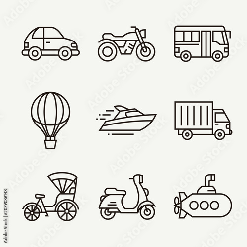 Modern transportation vector outline icons set featuring diverse vehicles cars, motorcycles, buses, boats, and hot air balloons, ideal for digital design