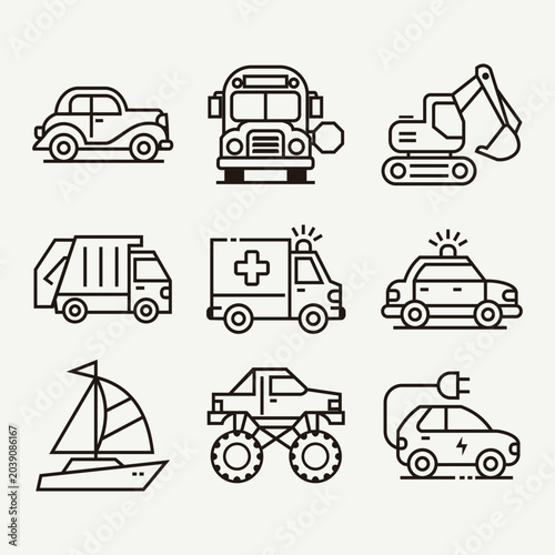 Collection of diverse transportation icons including vehicles, boats, and construction equipment for various uses