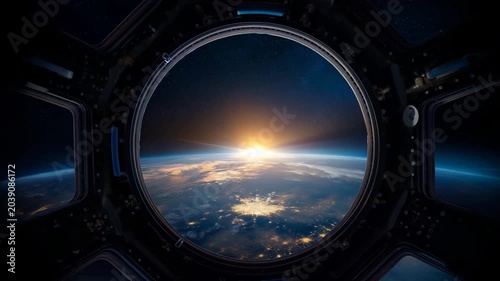 view from inside an orbital spacecraft cupola, dark metallic interior frame with multiple window segments and visible bolts, handles and panel seams, large circular central window
