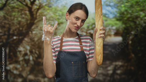 Foto Woman holding baguette and making rock horns gesture in forest while wearing denim apron, striped shirt and clear plastic gloves; playful confidence