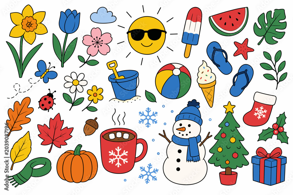 Fototapeta premium Collection of seasonal icons representing spring, summer, autumn, and winter holidays