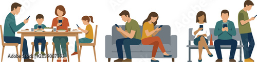 Foto Vector illustration set of people, couples, and a family ignoring each other whi