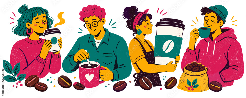 Fototapeta premium Diverse group of people enjoying coffee and coffee beans in a vibrant illustration