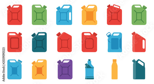 Collection of various colorful plastic jerry cans, canisters, and bottles for chemicals or automotive liquids.