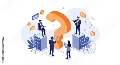 Business professionals analyzing a giant orange question mark symbol in an isometric conceptual illustration for problem solving.