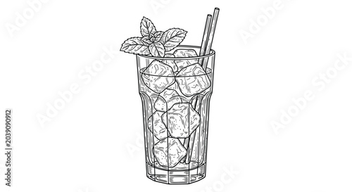 Cuadro en lienzo Sketch of two iced drinks with mint garnishes and straws